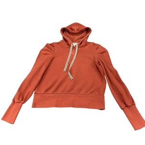 Evereve Womens Rust Orange Puff Sleeve Hoodie Sweatshirt Striped Drawstring S